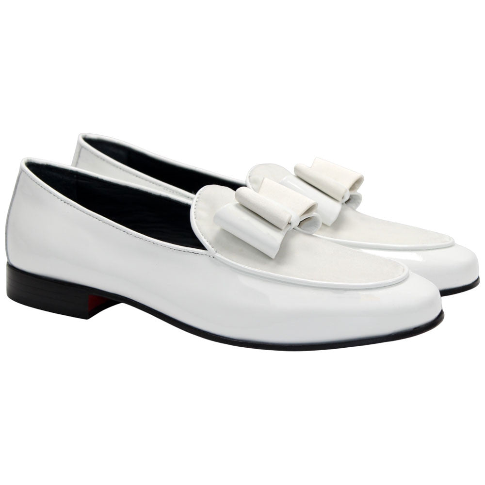 Amalfi White Velvet & Patent Leather Slip on | Duca Bow Dress Loafers