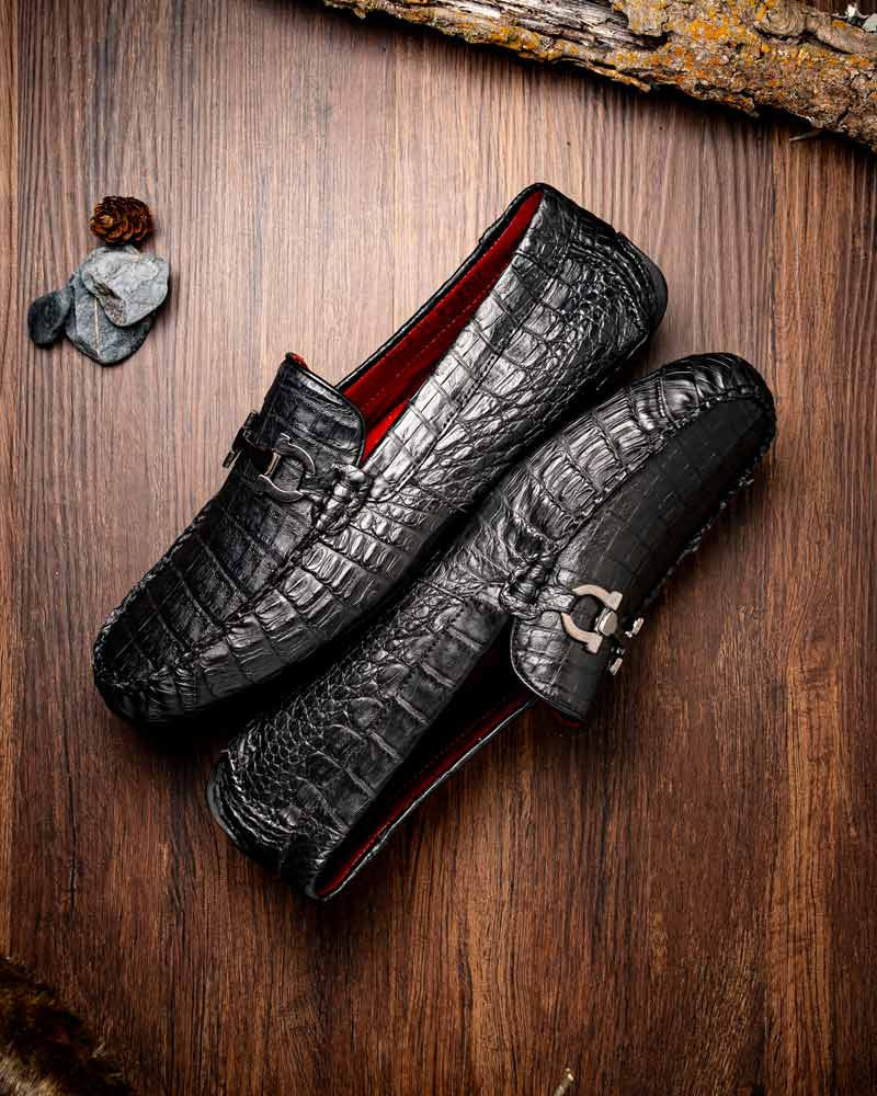 Marco Di Milano Parma Black Caiman Belly Bit Driving Loafers