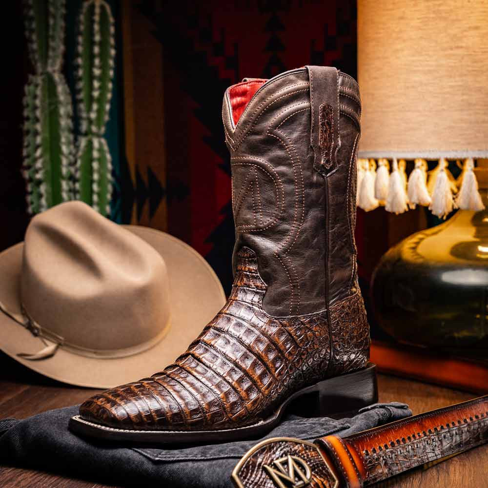 Tucson Genuine Caiman Belly Skin Aged Brown Cowboy Boot | Marco Di Milano Western Boots