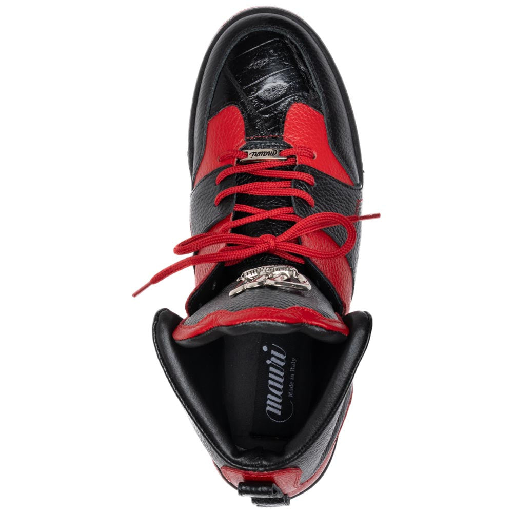 Mauri Men's Baby Crocodile Skin & Leather Black/Red HOOK Sneakers (USA Men Size)