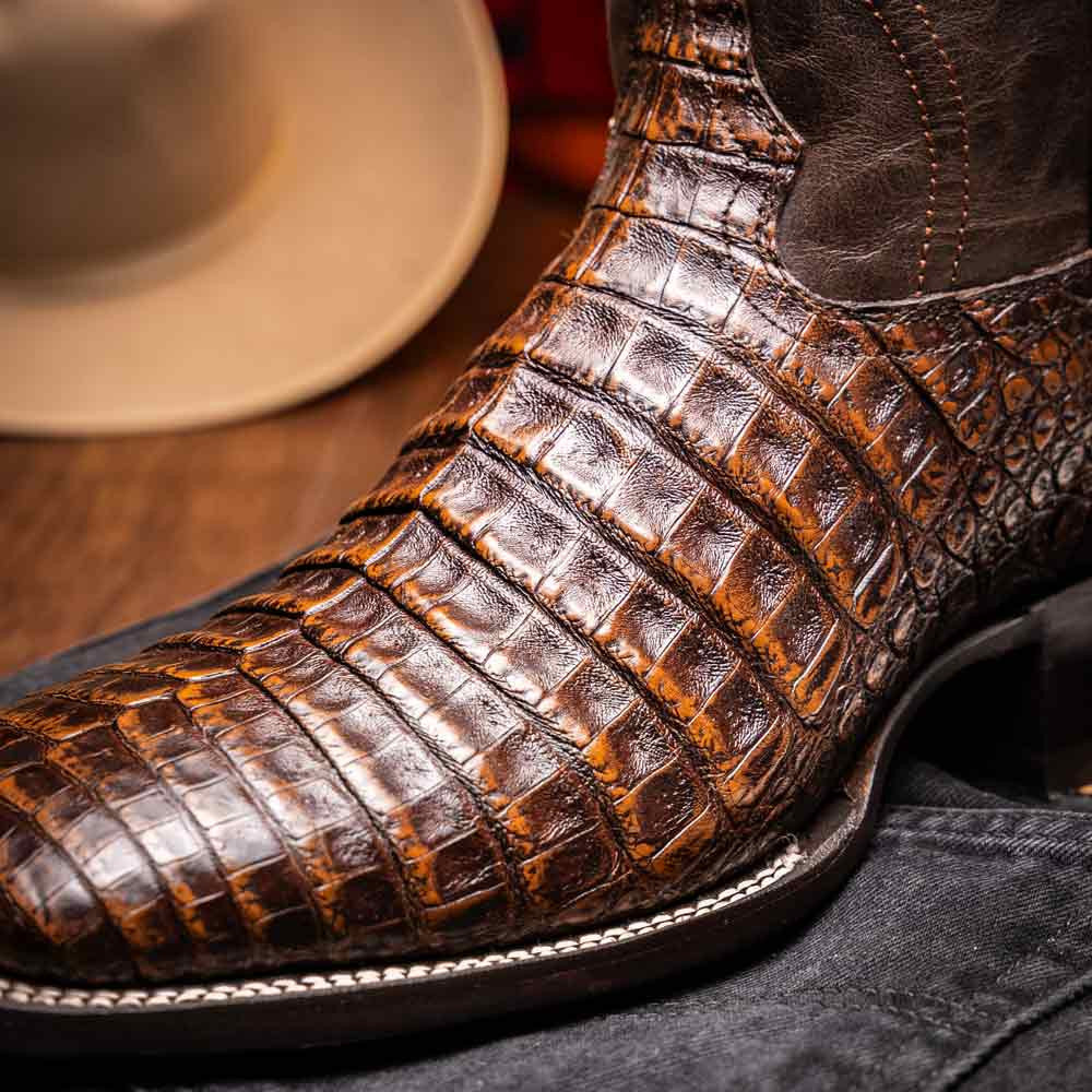 Tucson Genuine Caiman Belly Skin Aged Brown Cowboy Boot | Marco Di Milano Western Boots