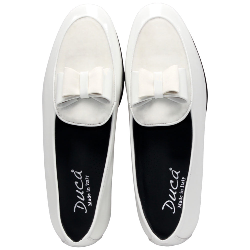 Amalfi White Velvet & Patent Leather Slip on | Duca Bow Dress Loafers