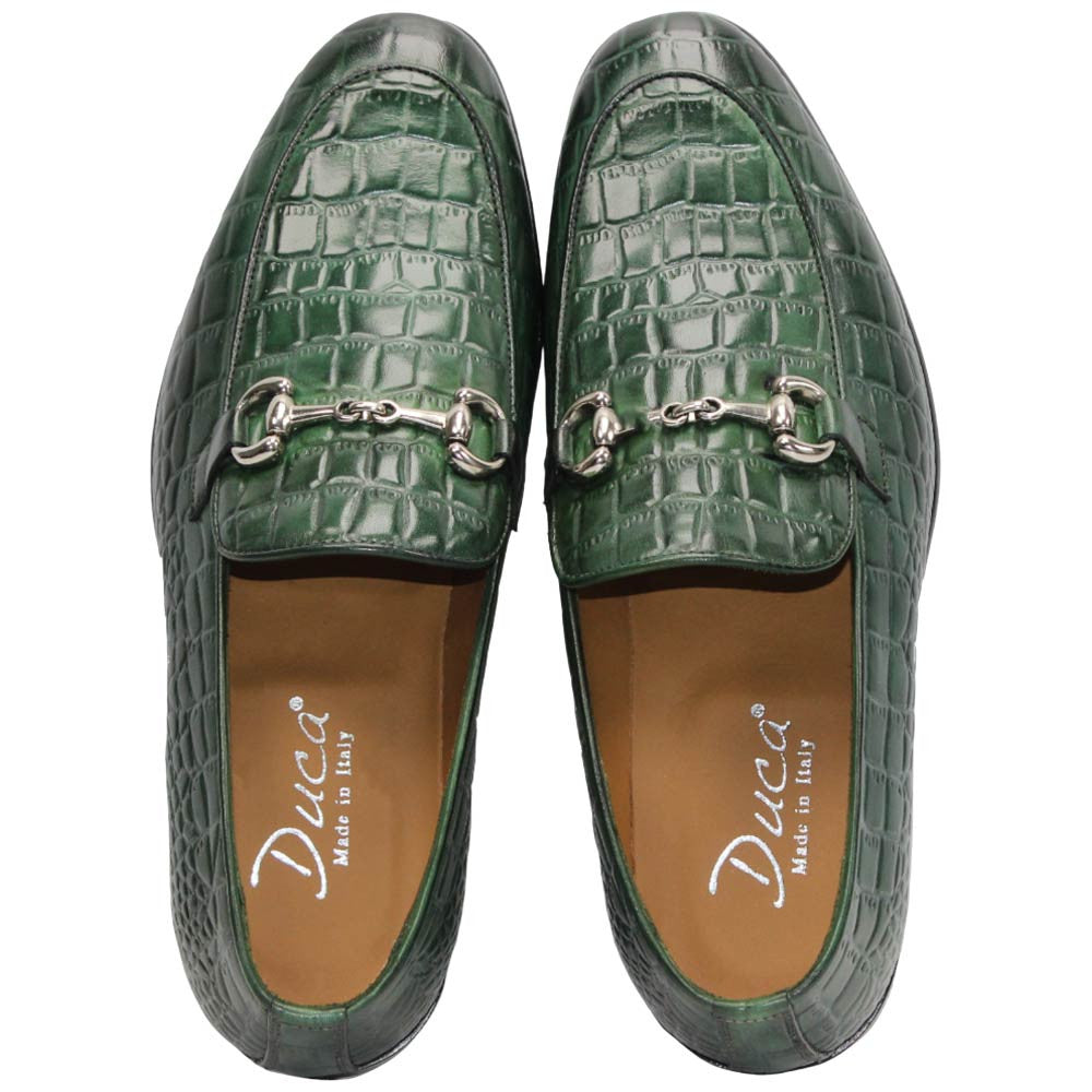 Duca Vasto Men's Green Croco Print Leather Loafers
