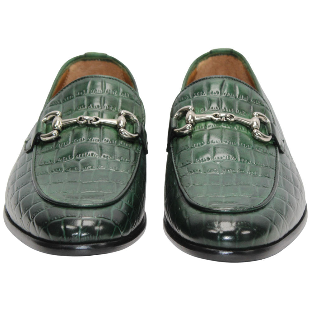 Duca Vasto Men's Green Croco Print Leather Loafers