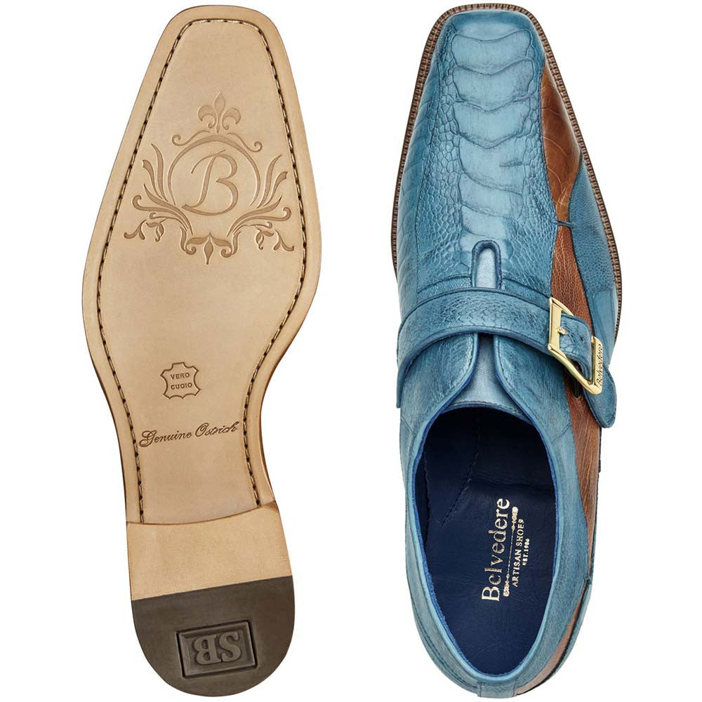 Belvedere Marte Antique Ocean/Antique Brandy Genuine Ostrich Monk Strap Shoes