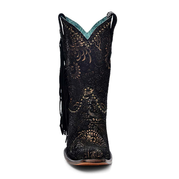 Corral Gold Floral Suede Studs & Fringe Ankle Boots