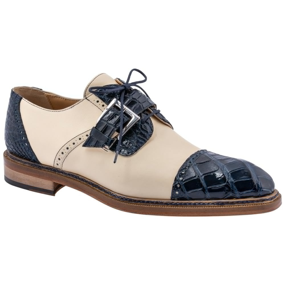 MAURI Shoes Men’s Blue Cream Alligator & Calfskin Leather Flawless Cap Toe Monk Strap Luxury Derby Dress Shoes