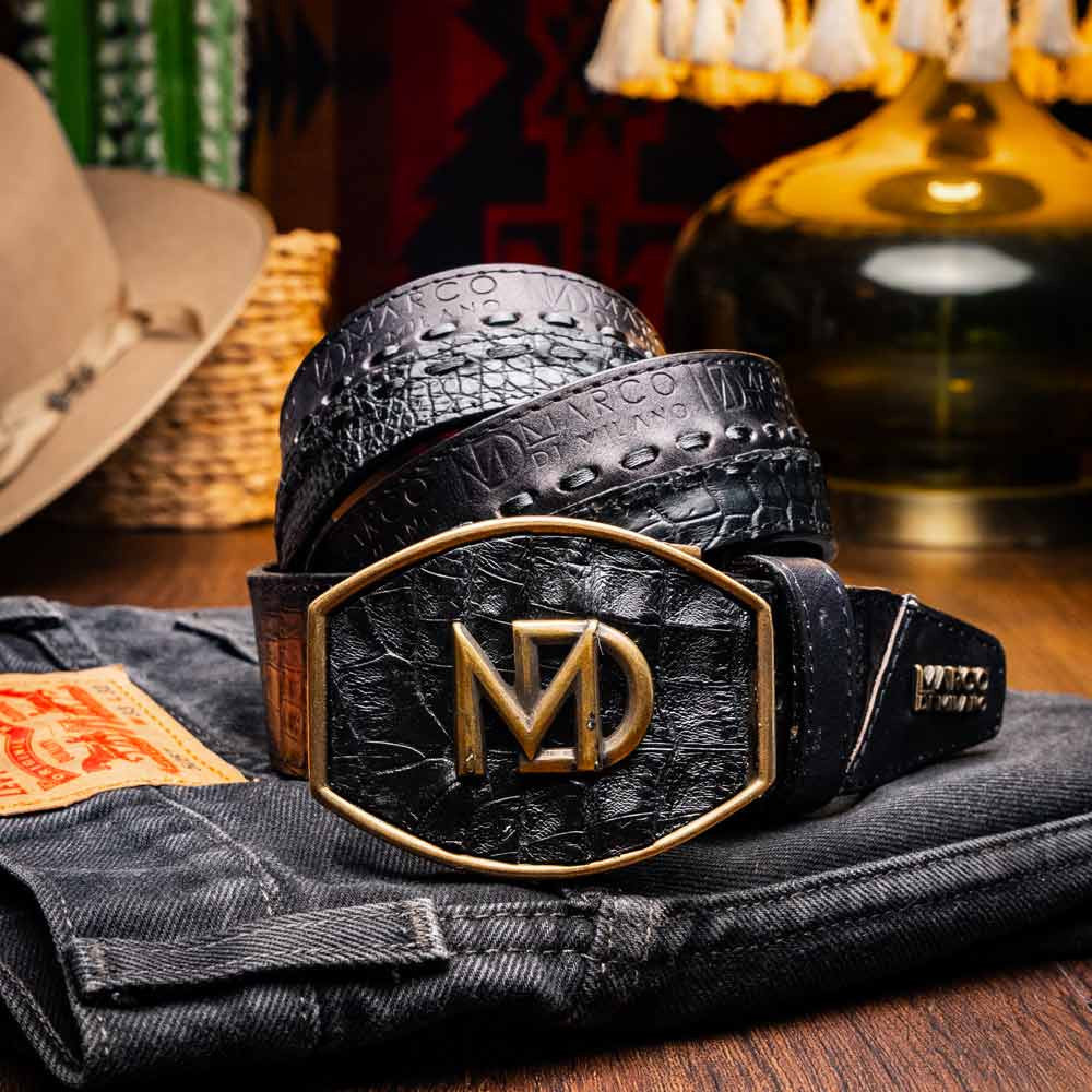 Montana Genuine Caiman Crocodile Skin Belt in Black with Antique Western Buckle | Marco Di Milano Exotic Belt