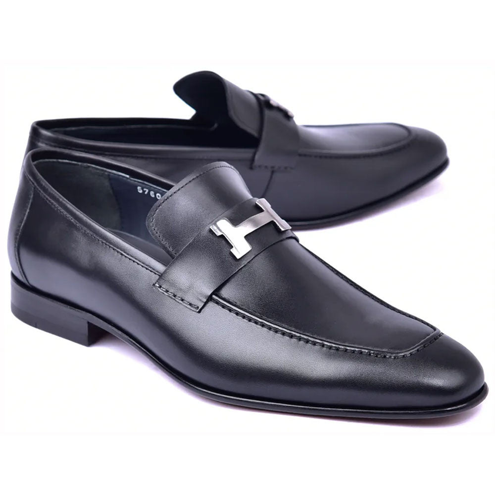 Corrente Men’s H Buckle French Calfskin Black Almond Toe Loafer