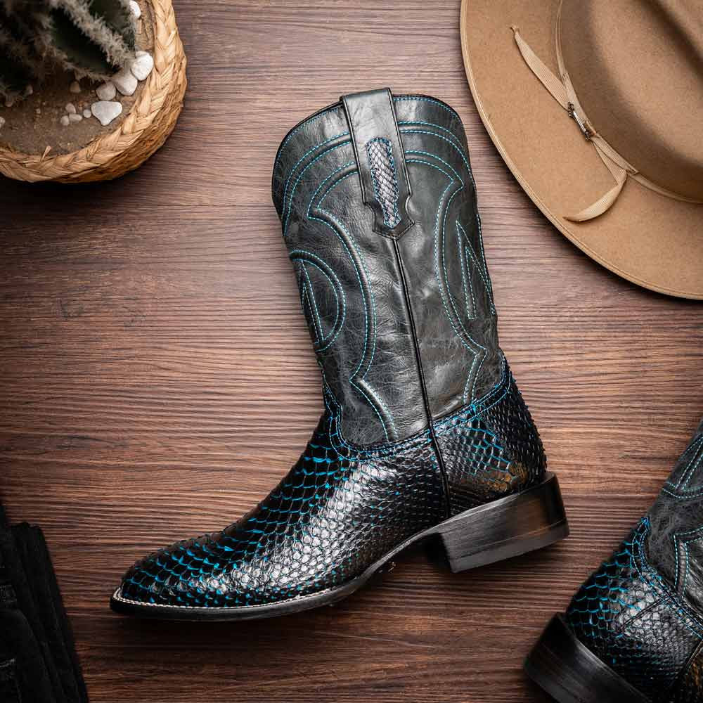 Missouri Genuine Python Skin Black and Blue Cowboy Boot | Marco Di Milano Western Boots