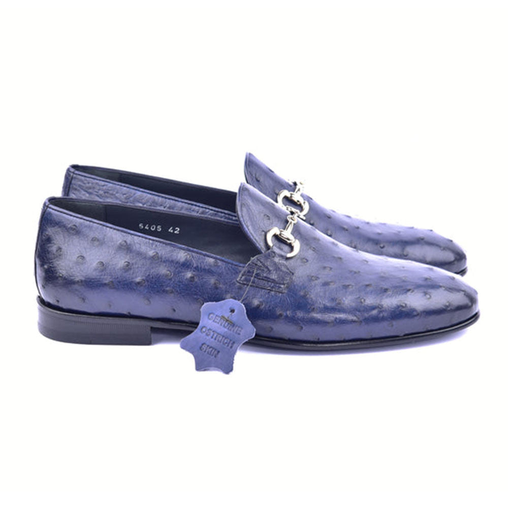 Corrente Genuine Ostrich Skin Silver Wow Bit Buckle Blue Loafers
