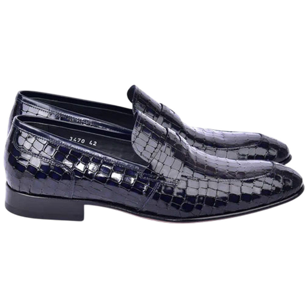 Corrente Men’s Crocodile Embossed Dark Navy Almond Toe Loafer