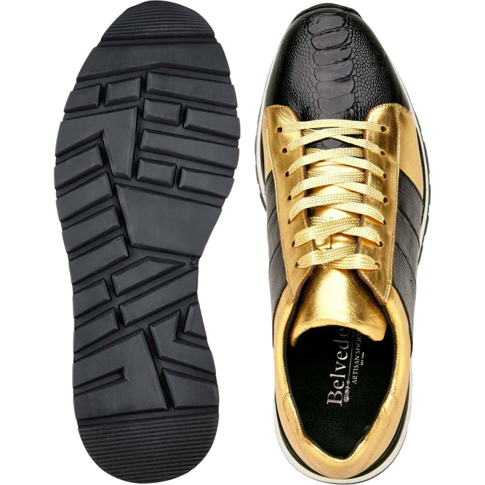 Belvedere Blake Black & Gold Fusion Exotic Ostrich/Calf-Skin Leather Sneakers