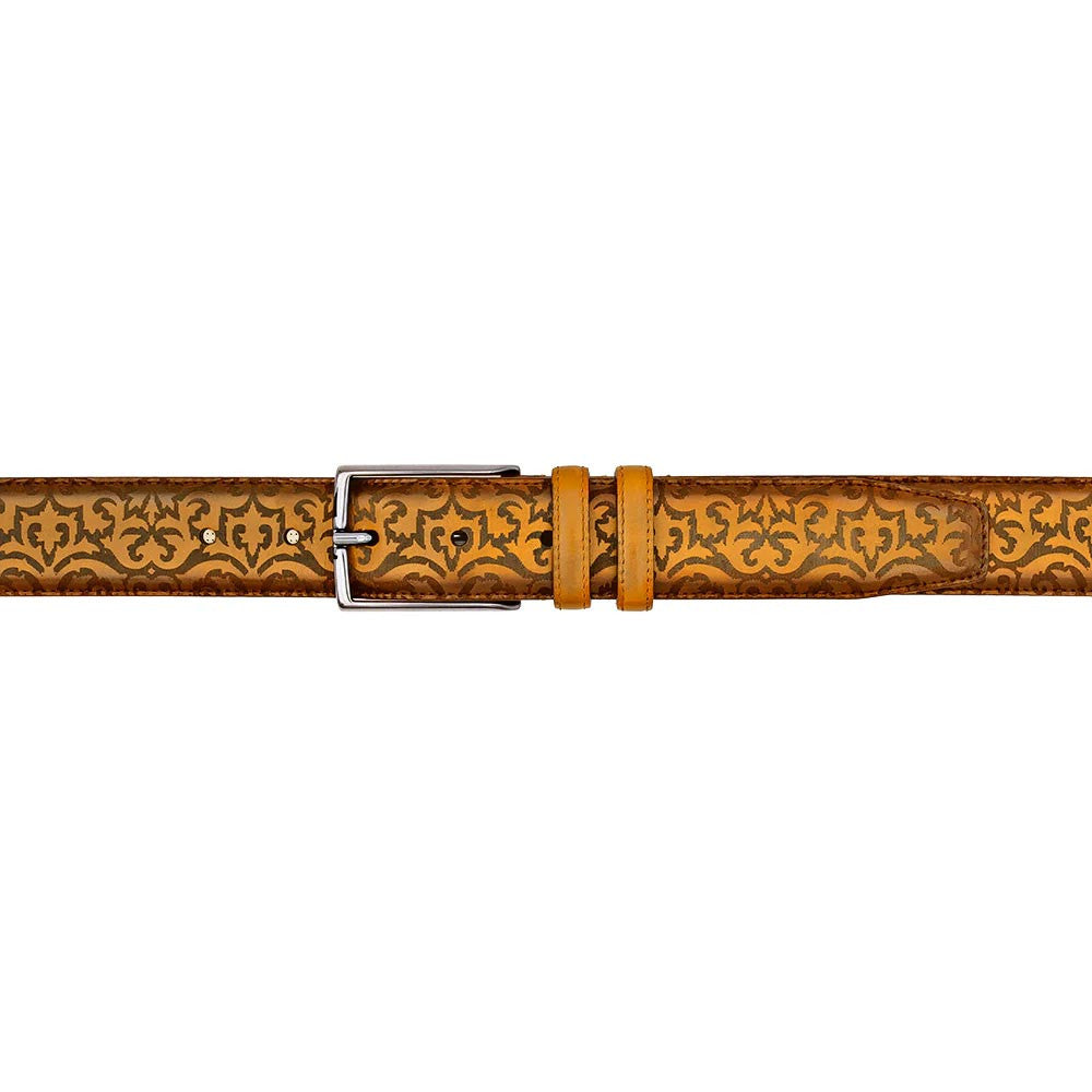 Mezlan Men’s Floral Camel Laser Print Calfskin Leather Belt