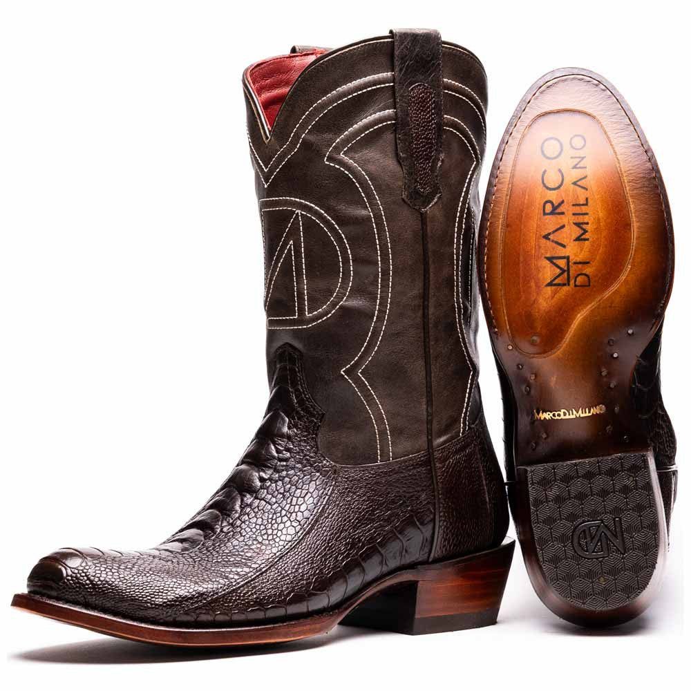Denver Genuine Ostrich Leg Skin Brown Cowboy Boot | Marco Di Milano Western Boots