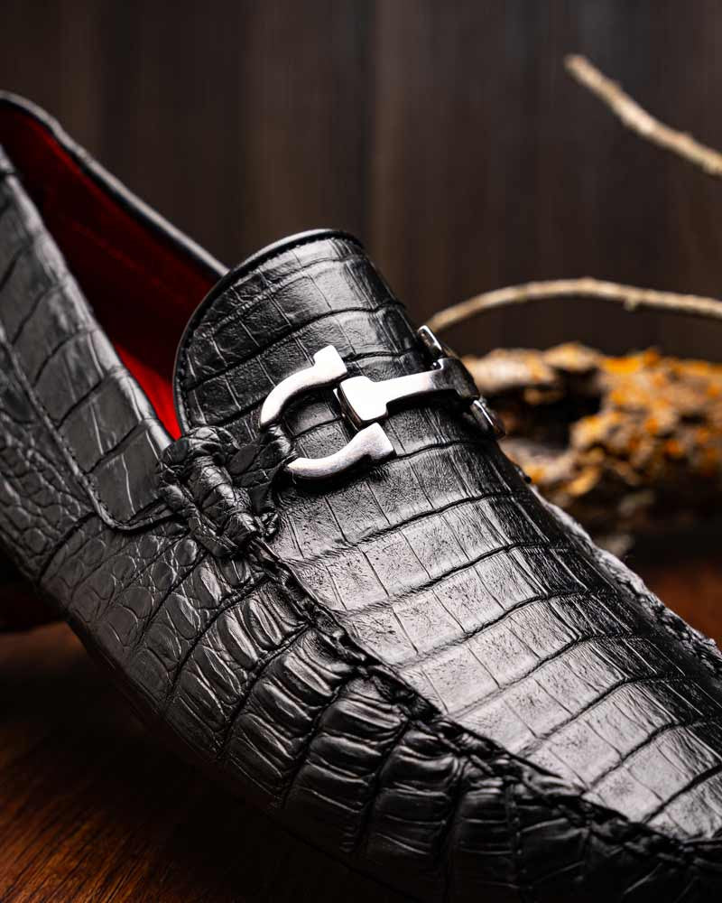 Marco Di Milano Parma Black Caiman Belly Bit Driving Loafers