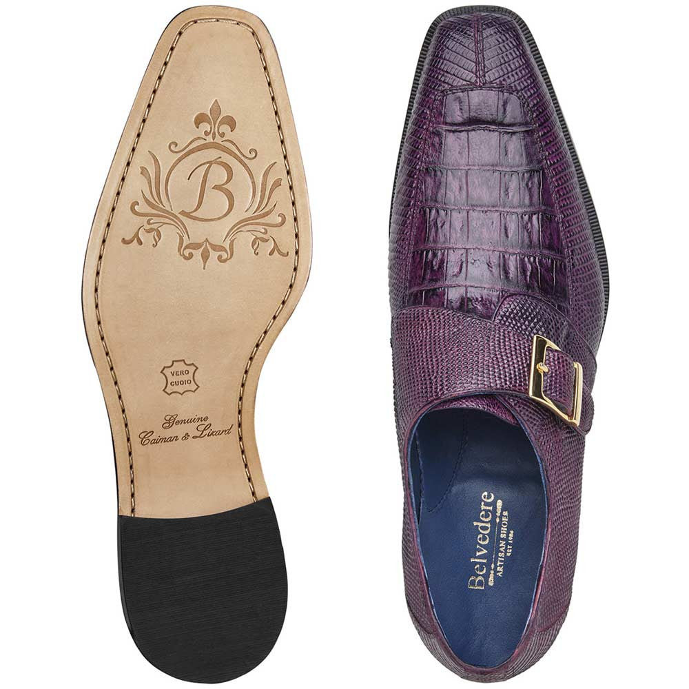 Belvedere Pablo Purple Men’s Genuine Caiman & Lizard Monk Strap Shoes