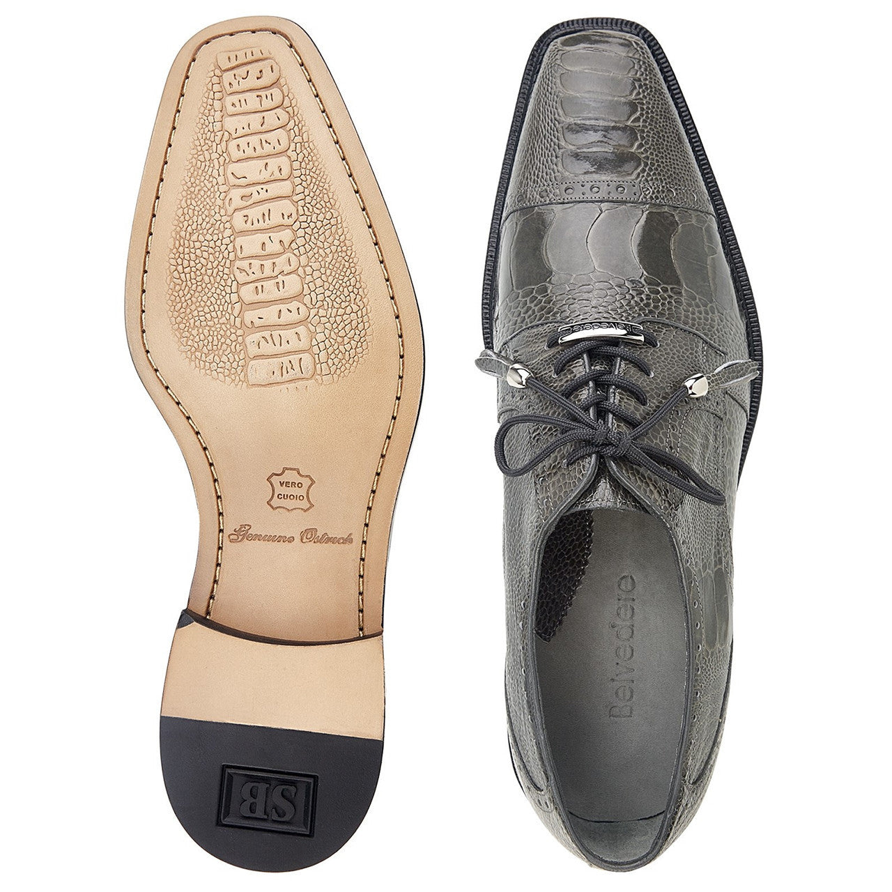 Belvedere Batta Gray Men's Genuine Ostrich Cap Toe Lace Up Shoes