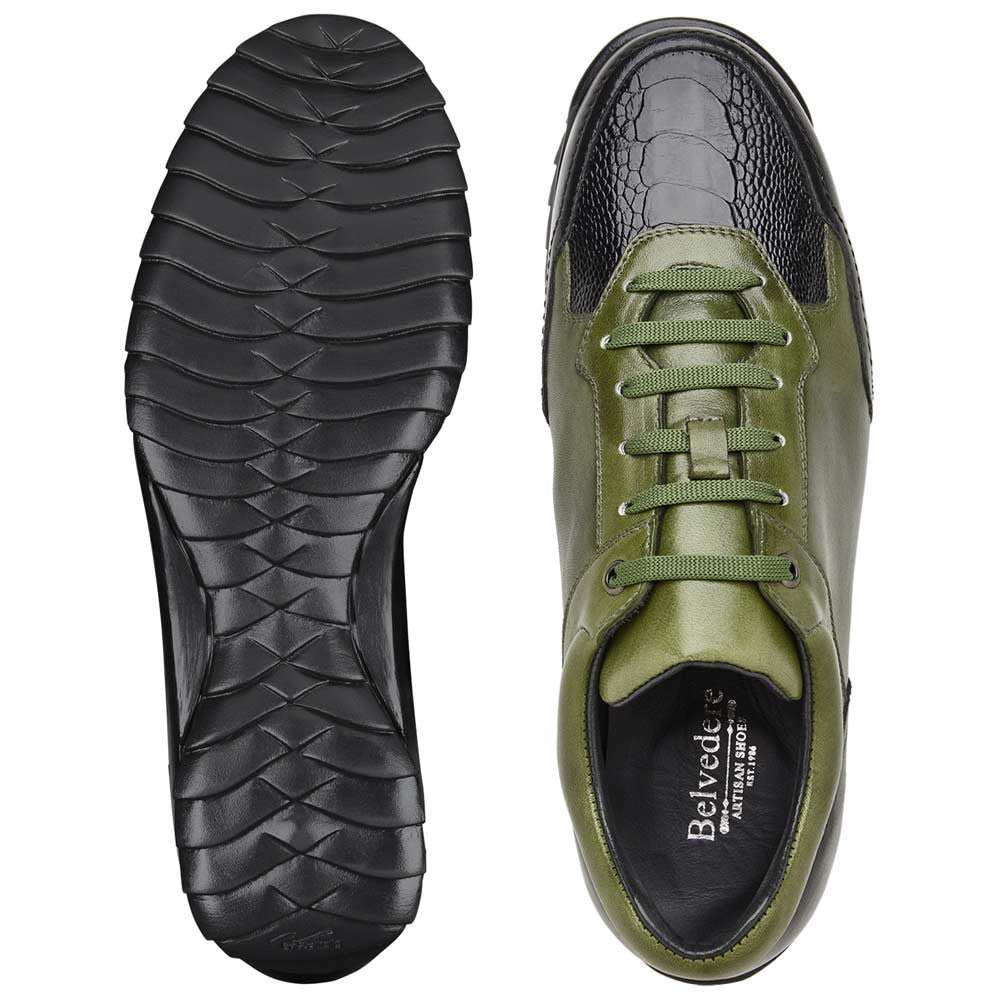 Belvedere Corvo Black & Olive Genuine Ostrich Leg Casual Sneakers (USA Men Size)