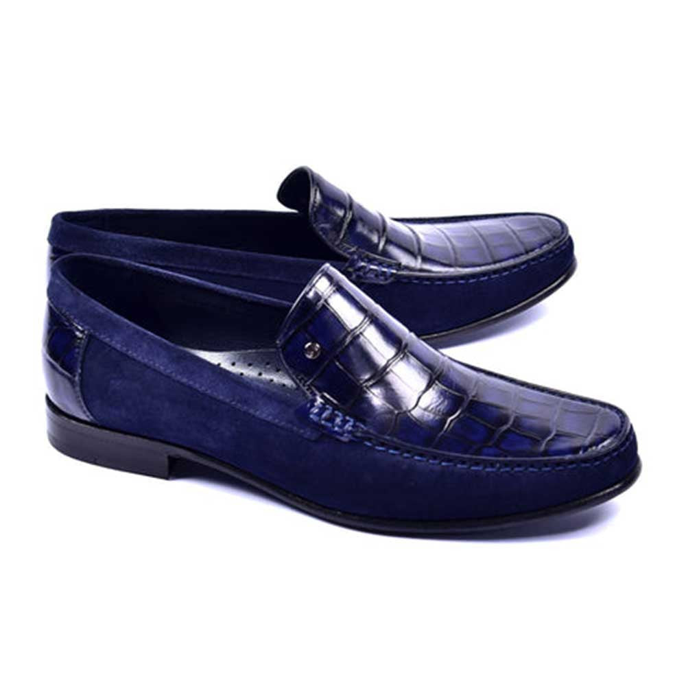 Corrente Jon Navy Blue Crocodile Print Leather & Suede Loafer for men