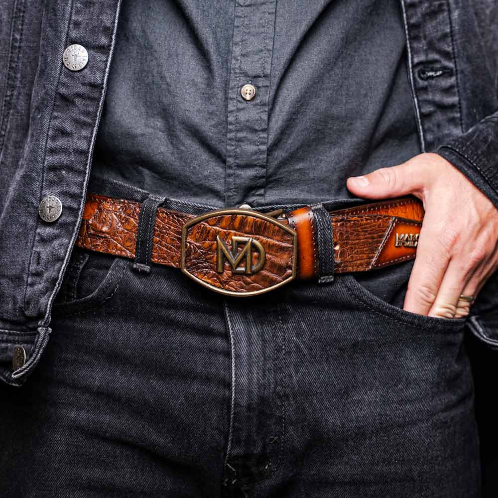 Texas Genuine Caiman Crocodile Skin Belt in Aged Maple with Antique Western Buckle | Marco Di Milano Exotic Belt