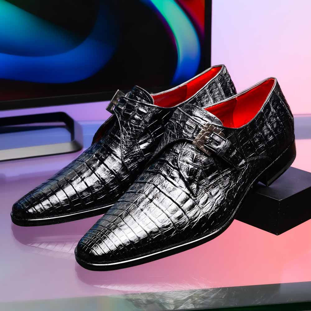 Rovigo Black Men’s Genuine Caiman Crocodile Dress Monk Strap | Marco Di Milano