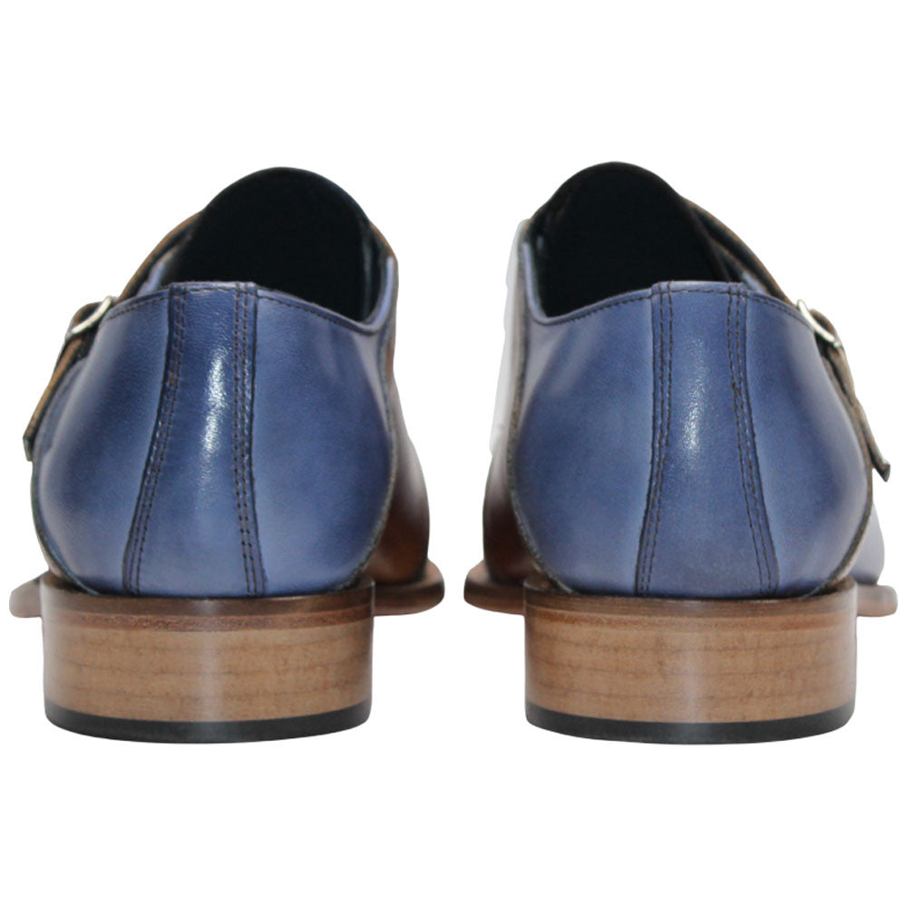 Vergato Light Blue/Cognac Calfskin Leather Monkstraps Oxford | Duca Dress Shoes for Men