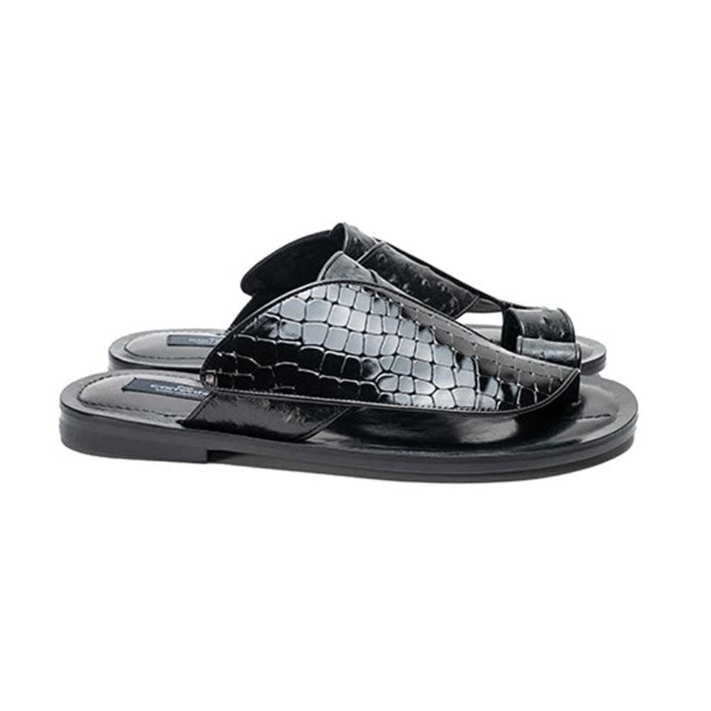 Corrente Resort Black Crocodile Printed Ostrich Leather Sandals for Men