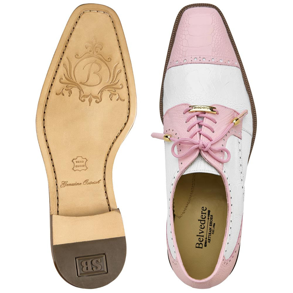 Belvedere Men’s Batta Genuine Ostrich Leg Pink & White Cap Toe Lace-Up Derby