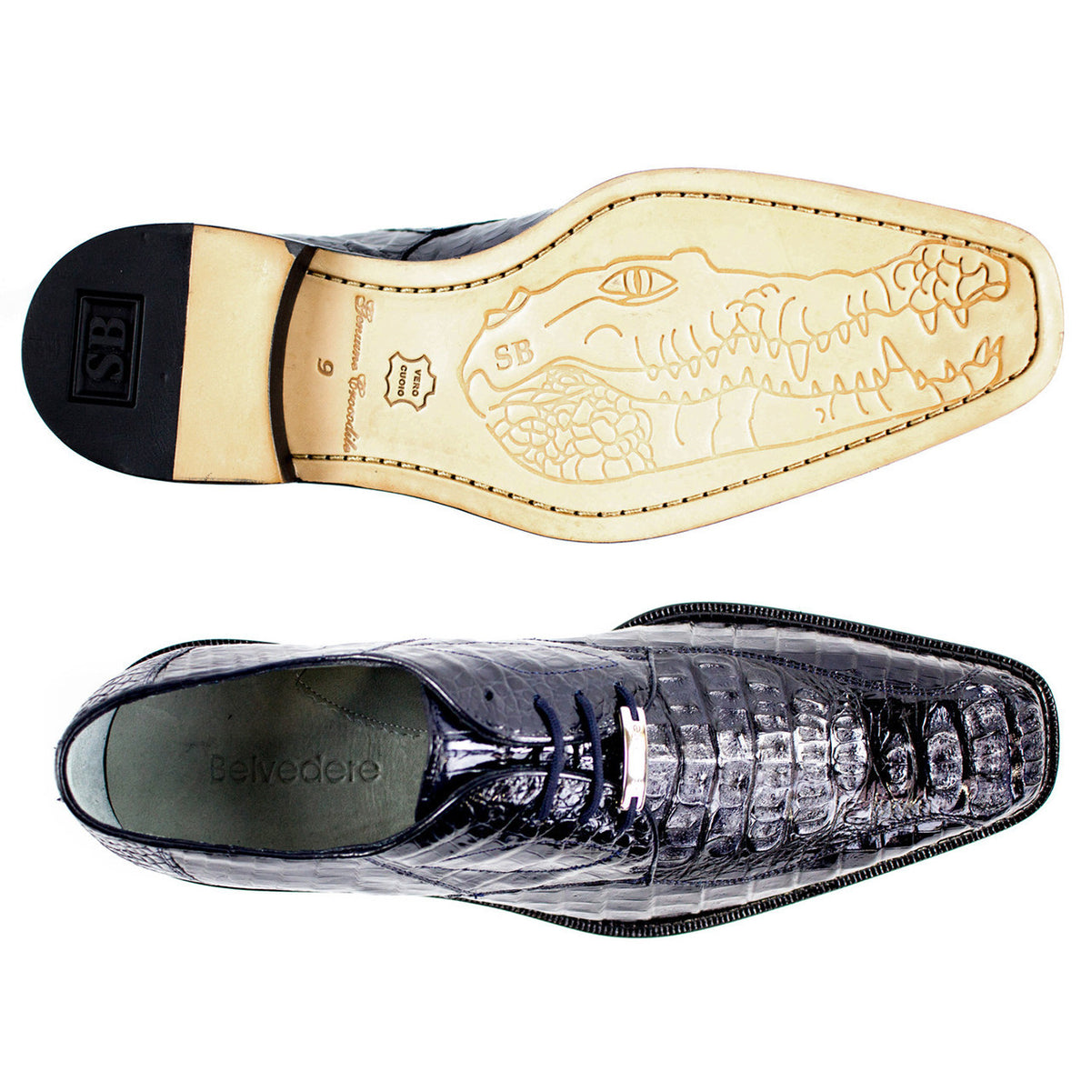 Belvedere Genuine Hornback Crocodile Skin Chiseled Toe Navy Derby Shoes | Chapo