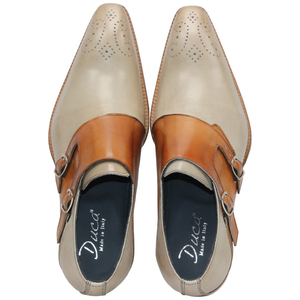 Vergato Light Biege/Cognac Calfskin Leather Monkstraps Oxford | Duca Dress Shoes for Men