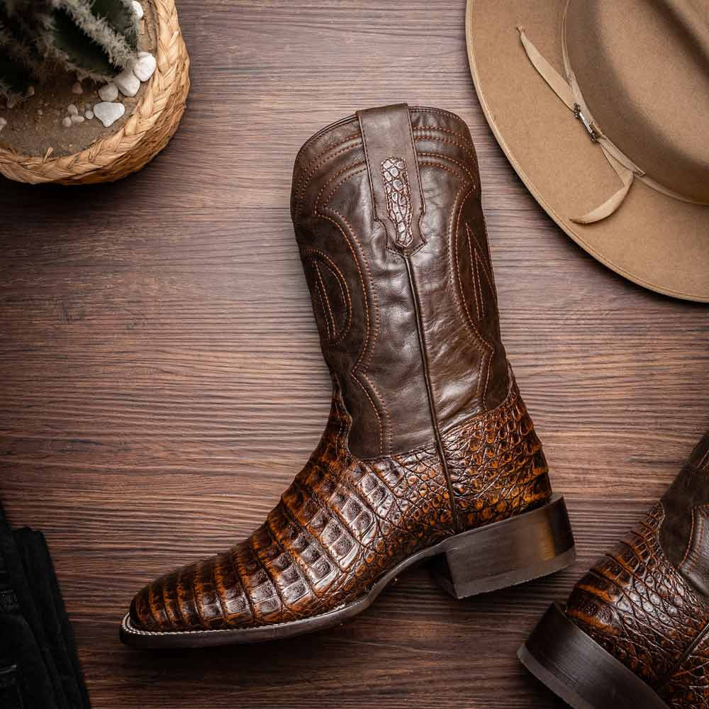 Tucson Genuine Caiman Belly Skin Aged Brown Cowboy Boot | Marco Di Milano Western Boots