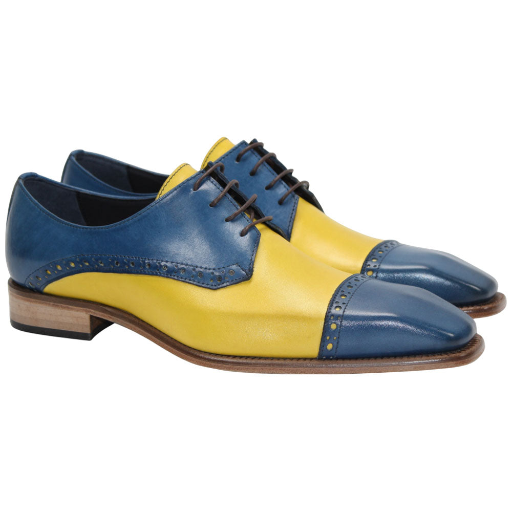 Duca Lombardi Men's Ocean Blue/Yellow Calf-Skin Leather Oxfords Shoes