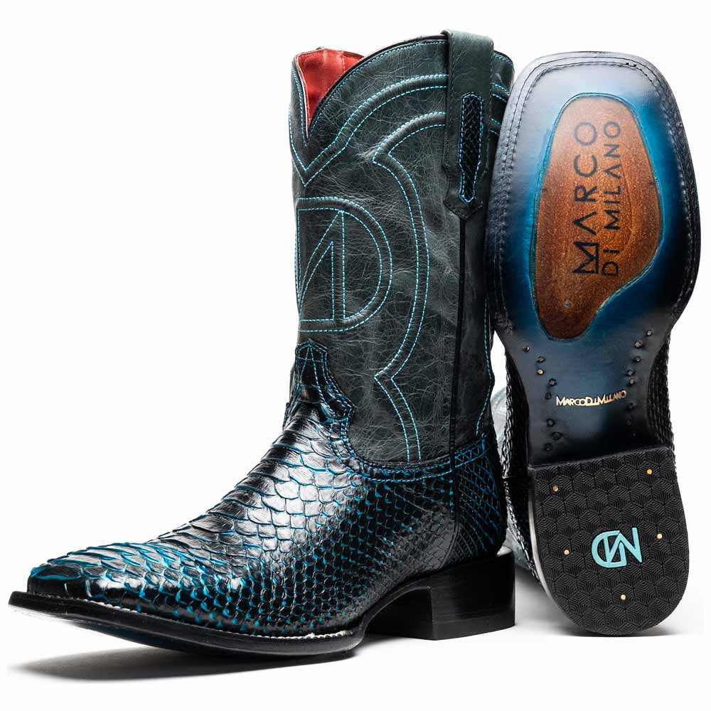 Missouri Genuine Python Skin Black and Blue Cowboy Boot | Marco Di Milano Western Boots