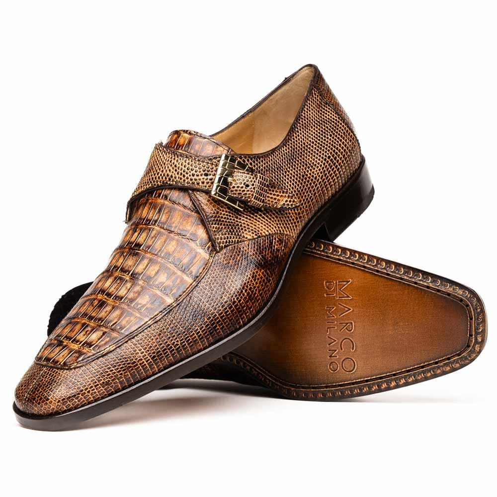 Toluca Genuine Crocodile and Lizard Skin Monk Strap | Marco Di Milano Exotic Dress Shoes in Rustic Orix