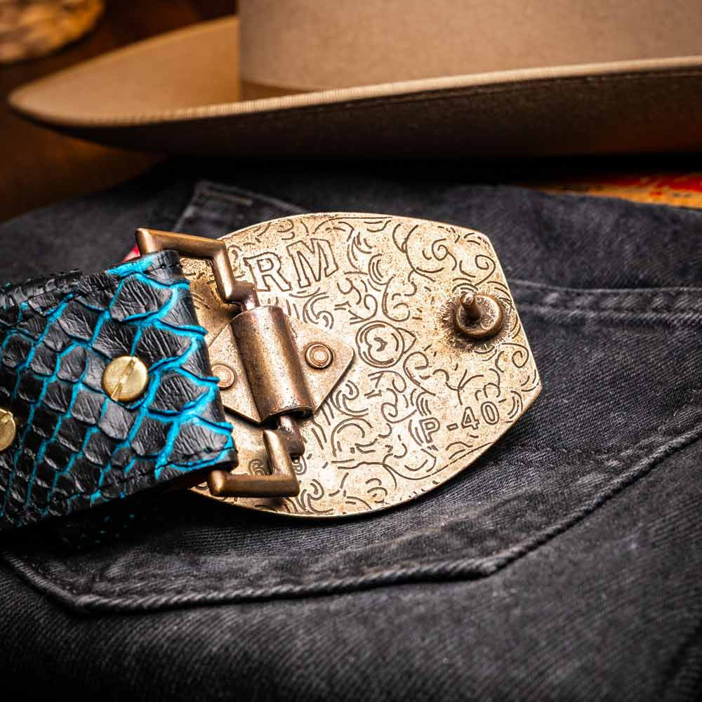 Arkansas Genuine Python Skin Western Belt in Black/Blue with Antique Western Buckle | Marco Di Milano Exotic Belt