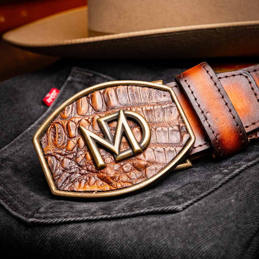 Texas Genuine Caiman Crocodile Skin Belt in Aged Maple with Antique Western Buckle | Marco Di Milano Exotic Belt