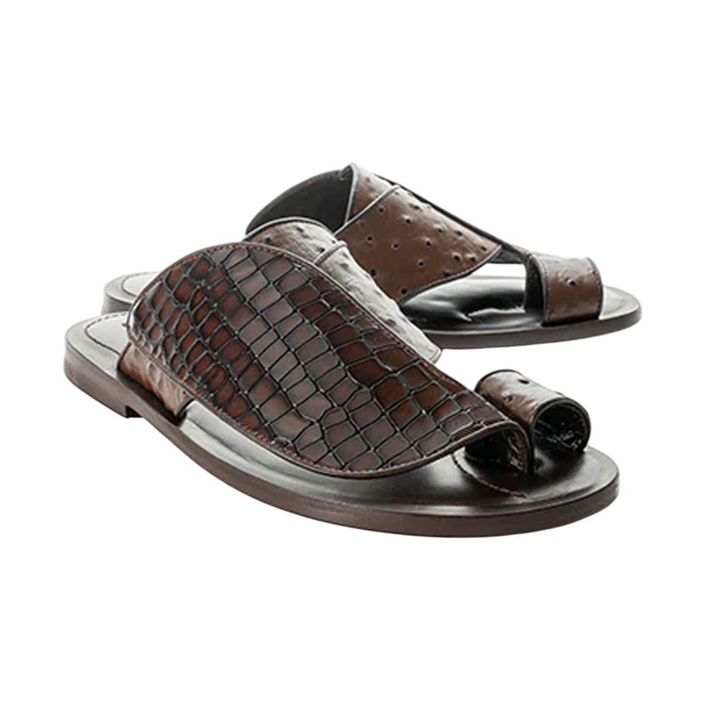 Corrente Men’s Brown Croco Print Ostrich Leather Open Toe Sandal - shoeclassix.com