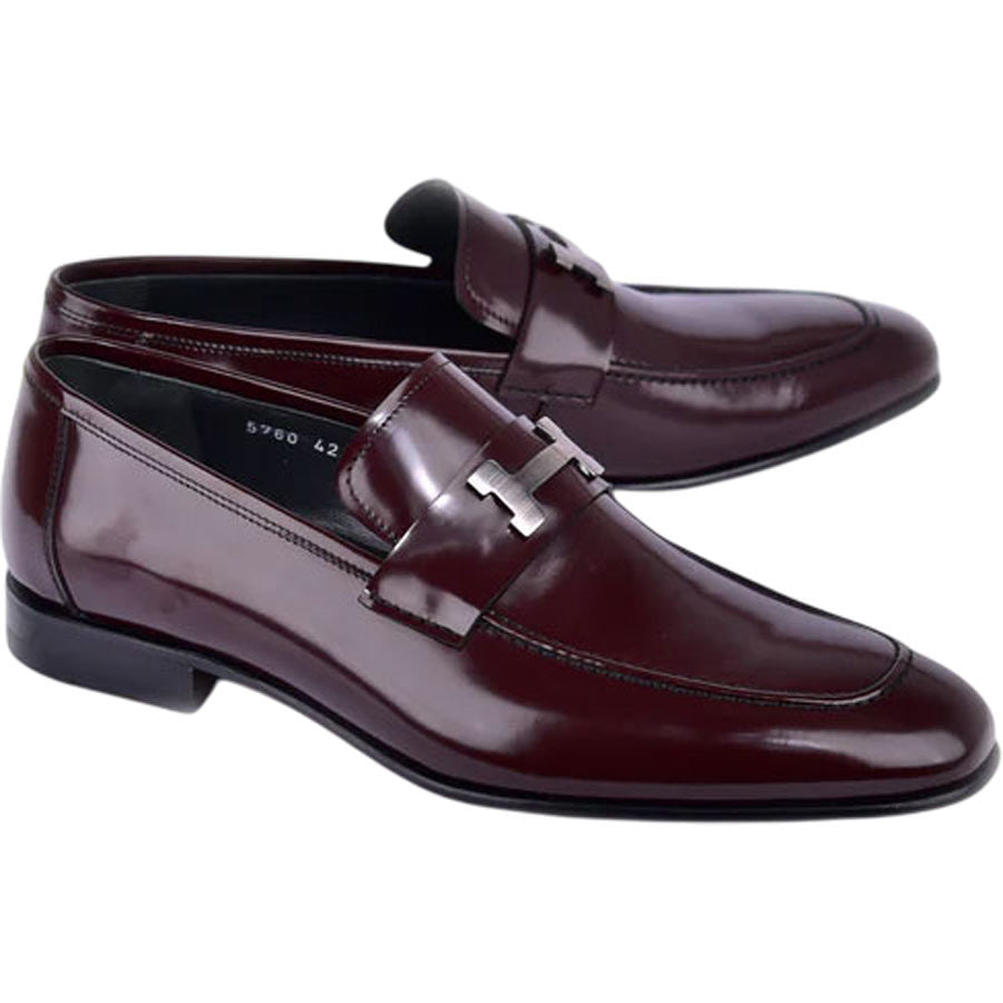 Corrente Men’s H Buckle French Calfskin Burgundy Almond Toe Loafer - shoeclassix.com