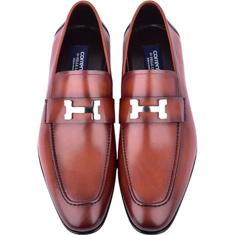 Corrente Men’s H Buckle French Calfskin Tan Almond Toe Loafer - shoeclassix.com