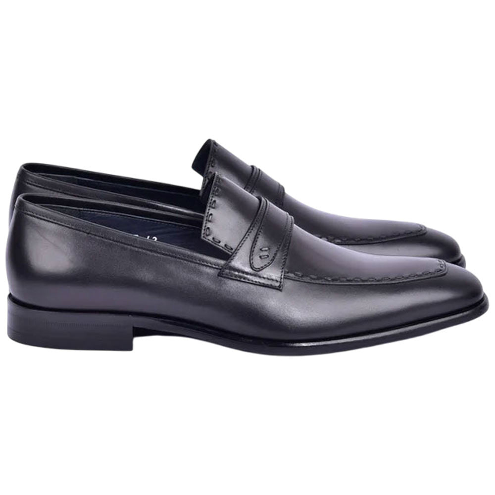 Corrente Men’s High Vamp Buffalo Leather Black Almond Toe Loafer - shoeclassix.com