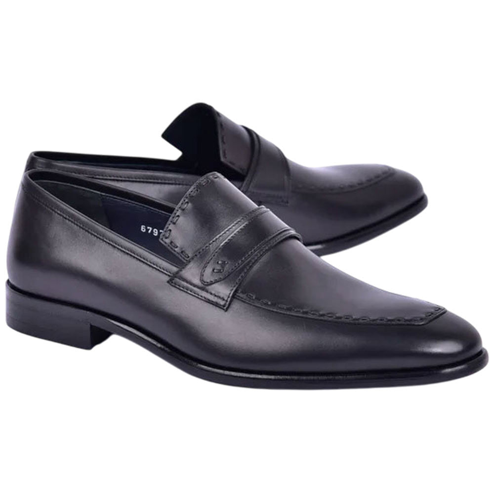 Corrente Men’s High Vamp Buffalo Leather Black Almond Toe Loafer - shoeclassix.com