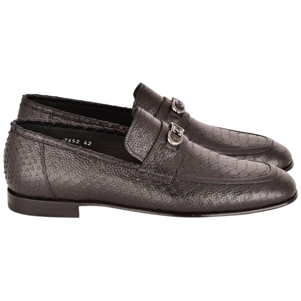 Corrente Men’s Low Cut Black Python Leather Round Toe Loafer - shoeclassix.com