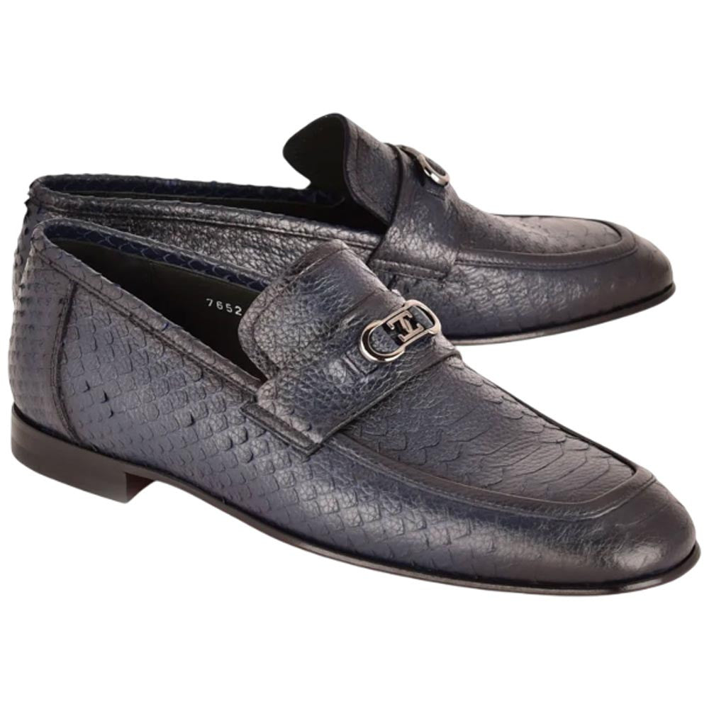 Corrente Men’s Low Cut Navy Python Leather Round Toe Loafer - shoeclassix.com