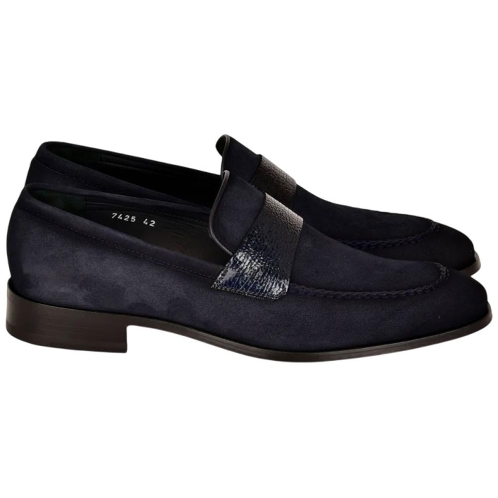 Corrente Men’s Navy Suede with Vita Leather Vamp Almond Toe Loafer - shoeclassix.com