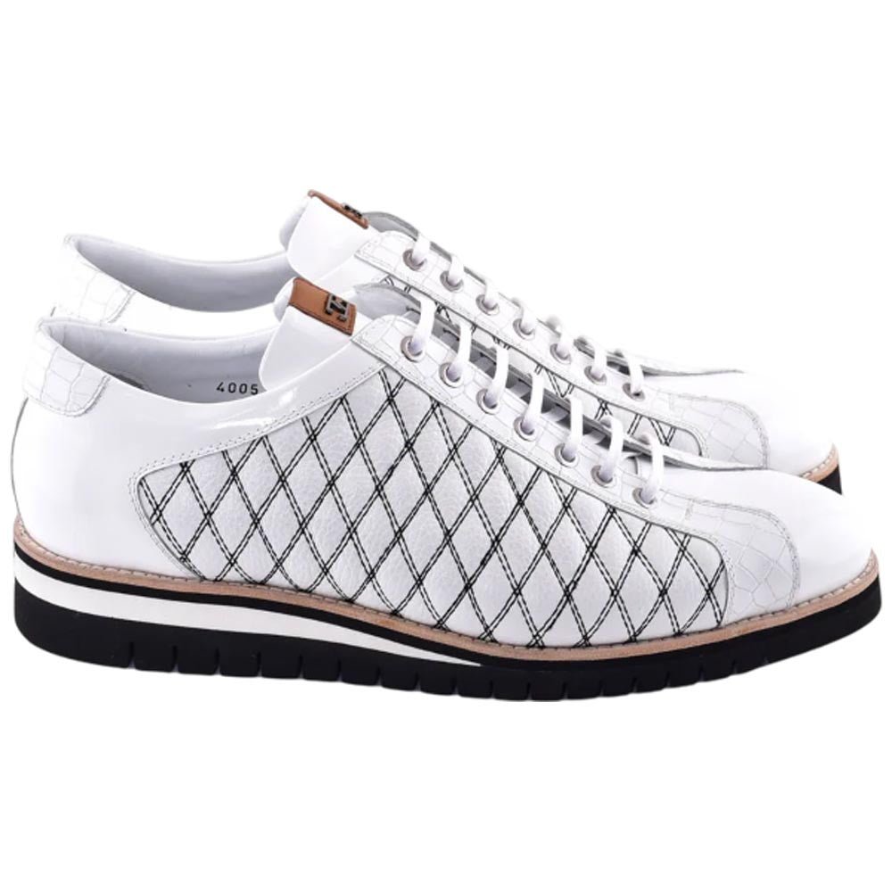 Corrente Men’s White Calfskin Round Toe Sport Sneaker with Quilted Side Design - shoeclassix.com