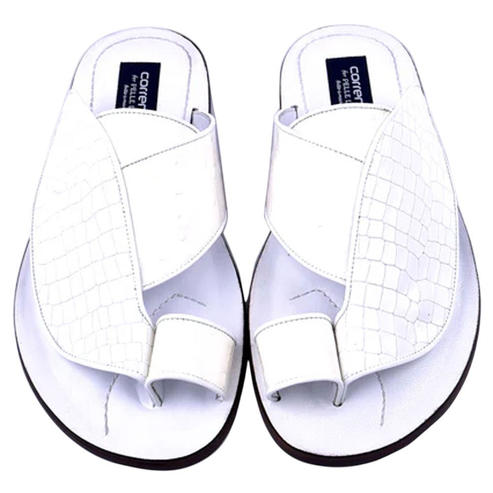 Corrente Men’s White Croco Print Ostrich Leather Open Toe Sandal - shoeclassix.com