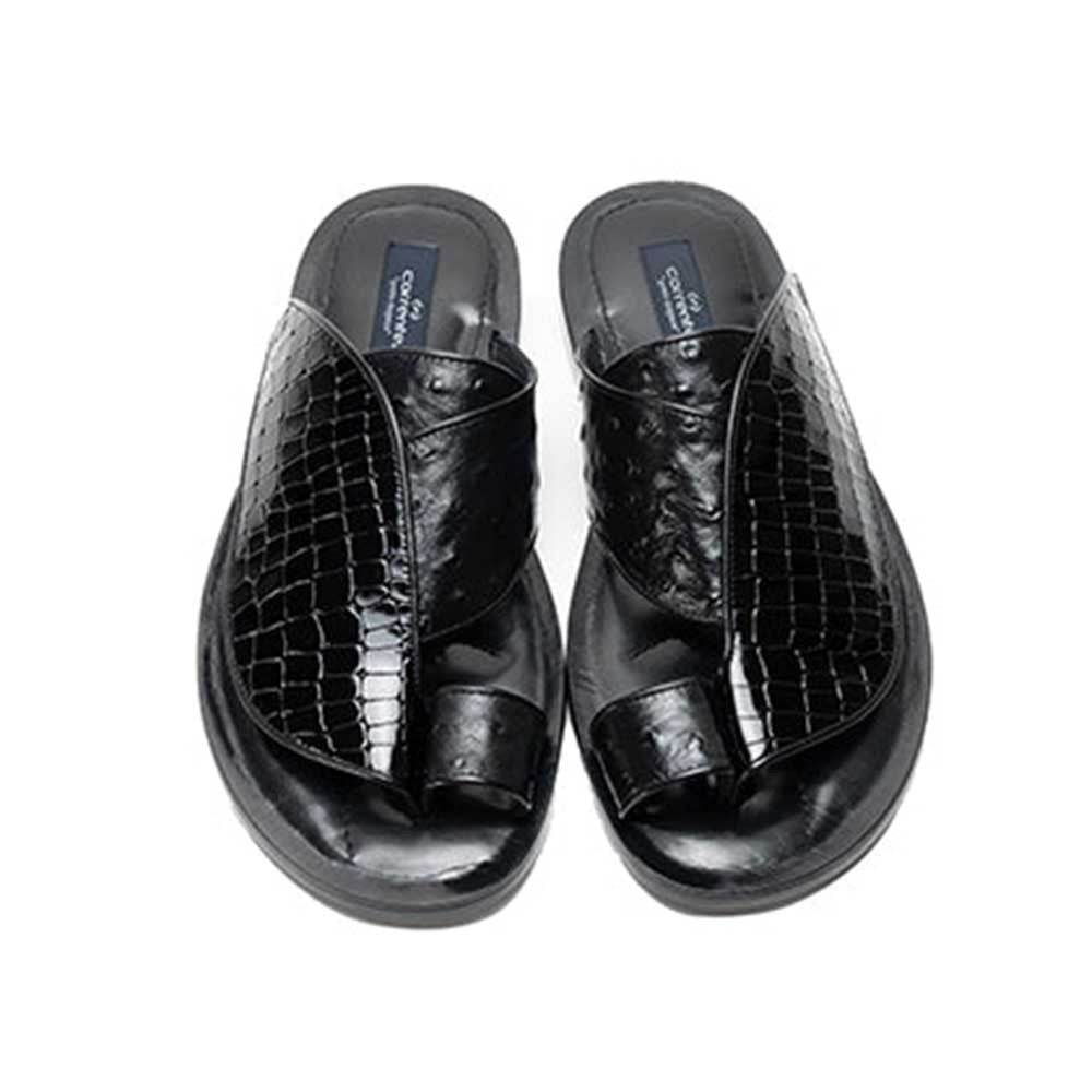Corrente Resort Black Crocodile Printed Ostrich Leather Sandals for Men - shoeclassix.com