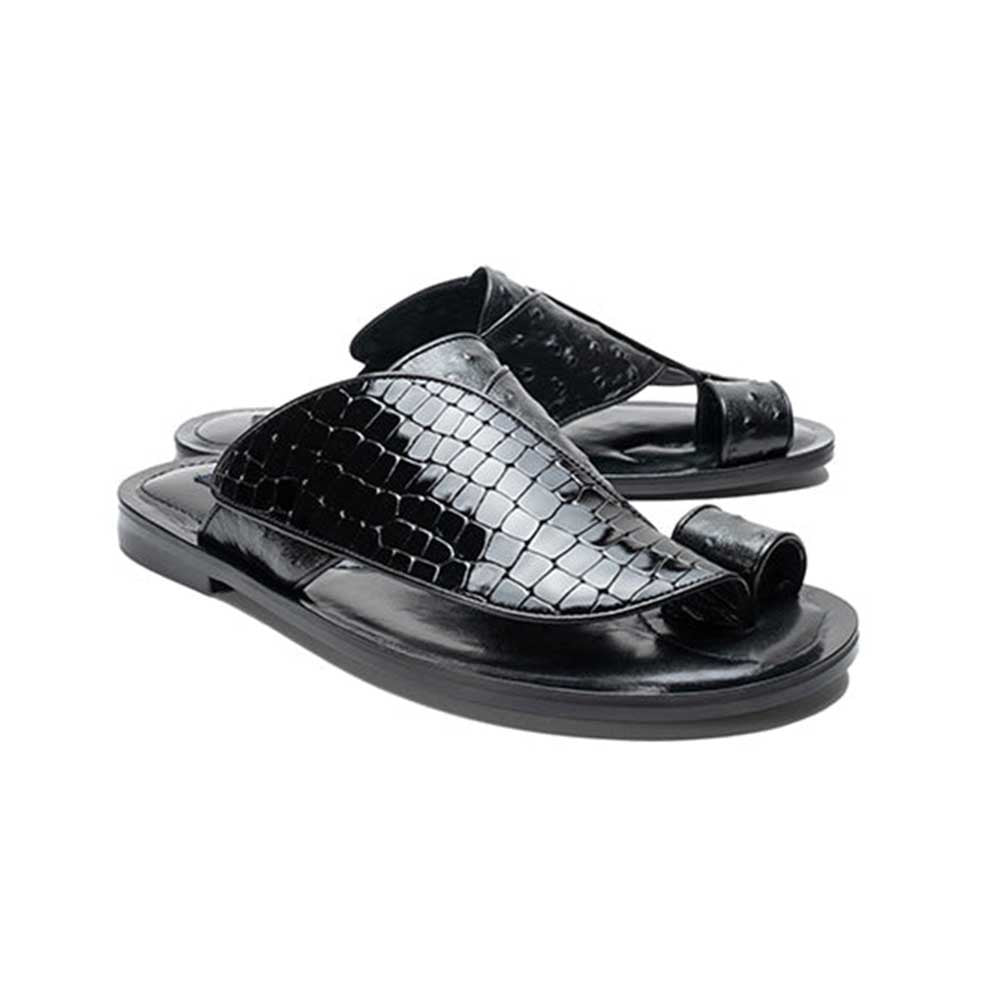 Corrente Resort Black Crocodile Printed Ostrich Leather Sandals for Men - shoeclassix.com