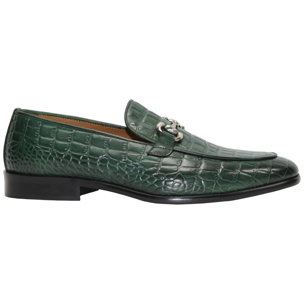 Duca Vasto Men's Green Croco Print Leather Loafers